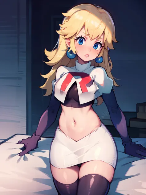 princess_peach, blonde hair ,earrings,team rocket,team rocket uniform, red letter R, white skirt,white crop top,black thigh-highs,black elbow gloves