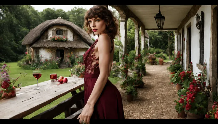 There is a pretty girl "Milla Jovovich", in a long, detailed burgundy dress, num Jardim de borboletas, canteiro florido com cogumelos e vinhas crescidas, caminho curvo de pedra que leva a um ((eccentric aged cottage with porch rocking bench)), ((Noite)), p...