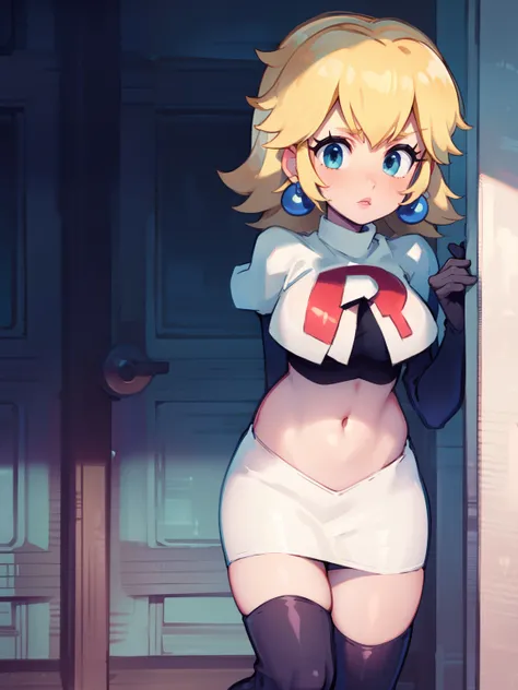 princess_peach, blonde hair ,earrings,team rocket,team rocket uniform, red letter R, white skirt,white crop top,black thigh-highs,black elbow gloves