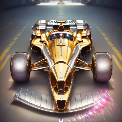 best quality, 32k, RAW photo, incredibly absurdres, extremely detailed, (formula one machine:1.4), formula one car, formula one made of ((material, iridescent, (shiny chrome plated, shiny gold plated, shiny silver plated:1.4), ruby, pink sapphire, blue top...