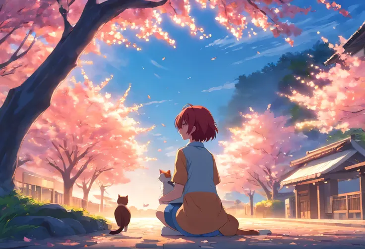 anime girl, red hair, under the cherry tree, hug a cat