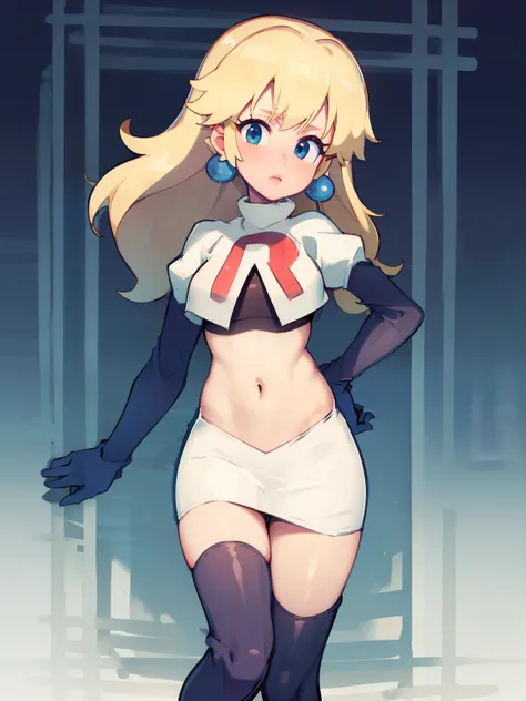 princess_peach, blonde hair ,earrings,team rocket,team rocket uniform, red letter r, white skirt,white crop top,black thigh-high...