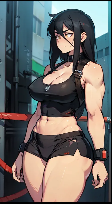 muscular girl thick breasts black hair yellow eyes pale skin best quality sad frown