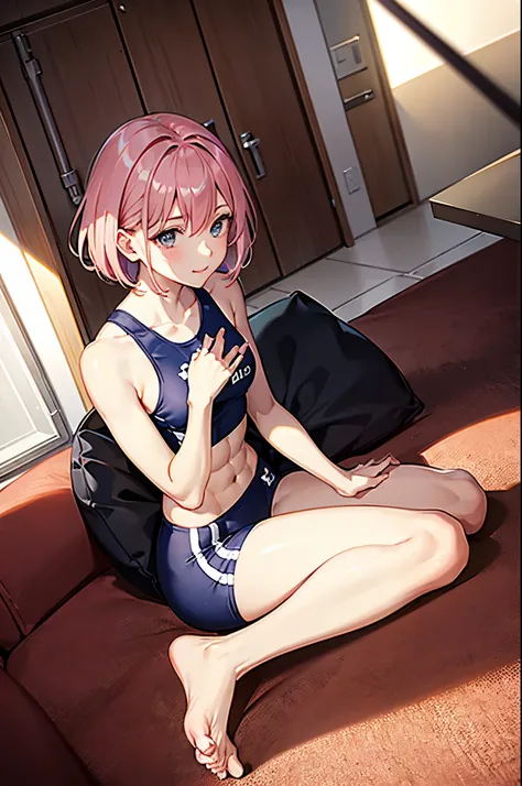 anime, best quality, masterpiece, epic, highest detail, 1 girl, ((pink bob hair)), from top angle, (topdown view:1.2), (front facing:1.3), (look up face:1.2), darkred sleeveless track uniform and navy bloomer, exposing the abdomen, open legs, kneeling stan...