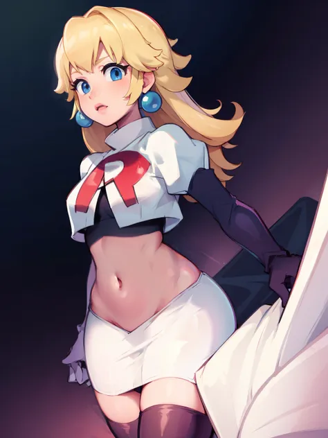 princess_peach, blonde hair ,earrings,team rocket,team rocket uniform, red letter r, white skirt,white crop top,black thigh-high...