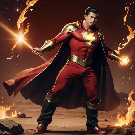 Shazam, traje rojo, Pantalones rojos, capa blanca