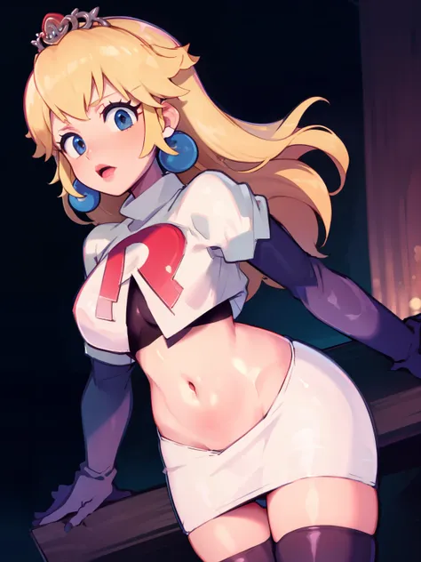 princess_peach, blonde hair ,earrings,team rocket,team rocket uniform, red letter R, white skirt,white crop top,black thigh-highs,black elbow gloves