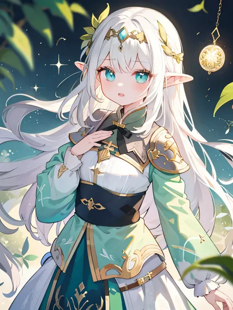 傑作、最高品質、最高の画質、1girl, elf, long hair, white hair, pointed ears, golden circlet, noble, high-fantasy, detailed embroidery, green bodice, gold accents, central gemstone, nature-themed, expressive eyes, wisdom, magic, soft blurred background, sharp contrast