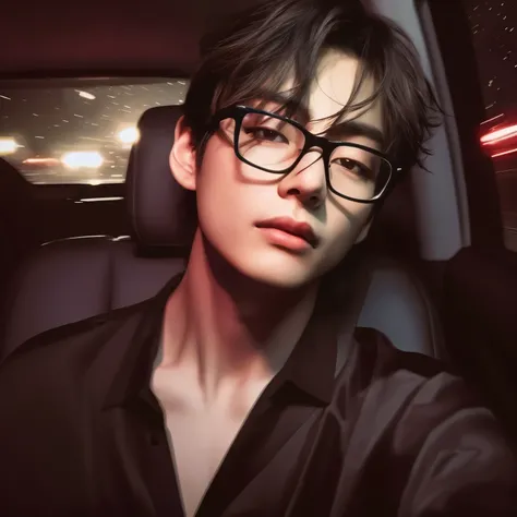 there  a man with glasses sitting in a car, inspirado em Yanjun Cheng, artwork in the style of Guweiz, inspirado em jeonseok lee, Yanjun Chengt, with glasses, Guweiz, retrato de alta qualidade, inspirado em Yeong-Hao Han, cai xukun, estilo de arte de anime...