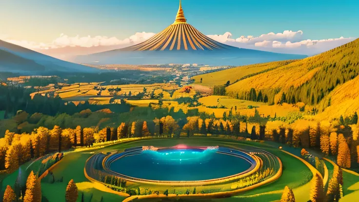 "Generate an image of the mythical Elysian Fields, a heavenly meadow with crystal-clear streams, golden foliage, and majestic temples dedicated to eternal peace and tranquility." hyperrealistic