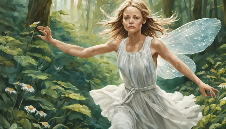 Graceful and fluttering nymph, "Jodie Foster com vestido Branco longo", numa Florestas ricas em natureza　Paisagens naturais　kawaii　ilutst　projeto　Estilo de livro ilustrado
