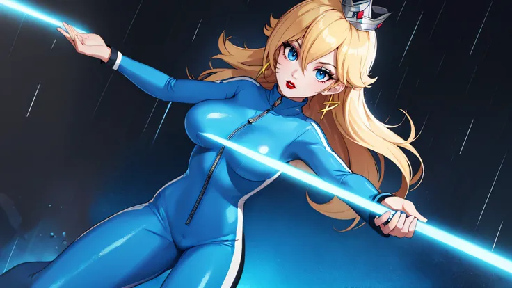 ((high detailed, best quality, 4k, masterpiece, hd:1.3)), BREAK rainy night, moonlight, landscape, its raining, raining, a full-length shot of Rosalina standing posing under the rain, BREAK neon blue eyes, seductive, attractive, sexy smile, smiling, smooth...