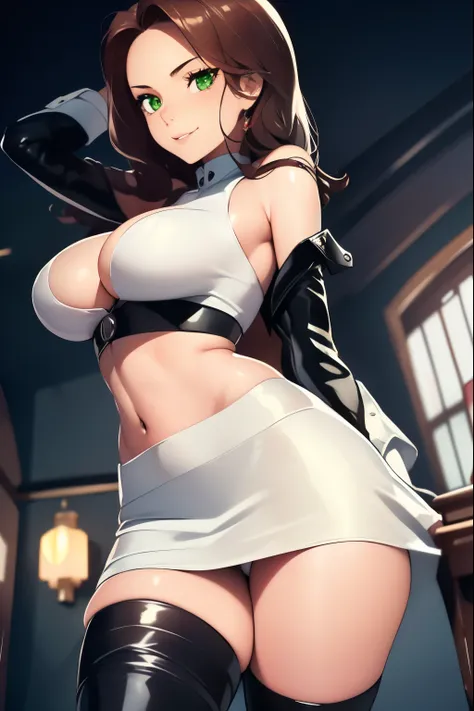 Dorothea, spread legs、show white panties,sexy、green eyes, glossy lips ,Team Rocket,Team Rocket uniform, red letter R, white skirt,white crop top,black thigh high boots, black elbow gloves , looking at the viewer, evil smile, fold your arms