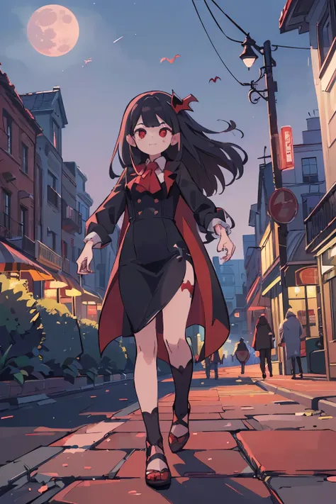 (((Top quality and highly detailed photorealism)))，((Vampire Woman: Red Eyes、Very ),(Walk gracefully along bustling  boulevards),(In the moonlight),(a scene from a movie:1.2))