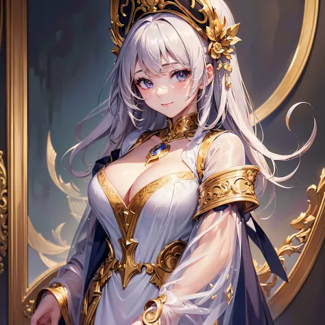 ((highest quality)),(ultra high resolution),(Super detailed),(detailed description),((best CG)),(best work of art),super precision art,great drawing art,(Art with precise details:1.5), (1 woman:1.6)priest:1.5,gentle smile:1.6,a simple robe:1.5, Beautiful a...