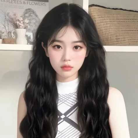 There  a young girl，with long black hair，wearing white top, Urzan, Black wavy hair, long hair, 黑色波浪long hair, guweiz style artwork, black curls, curls spread out, dynamic curls, long Black wavy hair, curls, 长curls, Kurohime cuts hair, vibrant dark curls