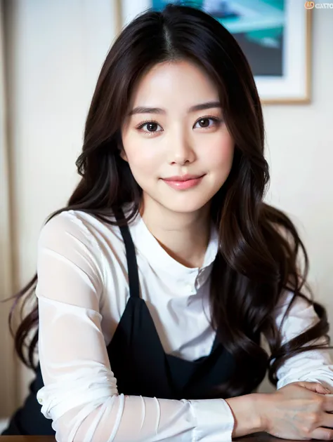 Lifelike photos of (No. 1 cute Korean actress) Long hair, smooth face, light makeup, medium breasts. Wearing a white long sleeve shirt, and black skirt, Little Smile, Canon EOS 35mm Lens 8K high-resolution face, crisp and realistic details Close up