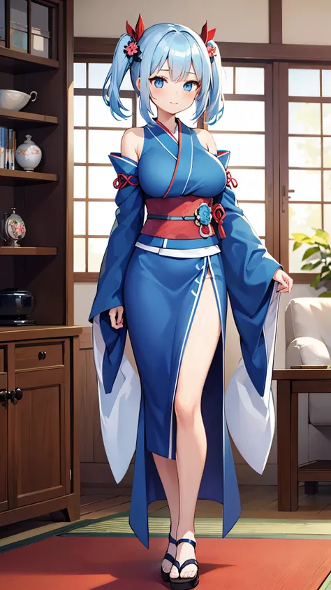 1 girl, game cg, gorgeous kimono, shoulders visible, gigantic breasts, light blue hair, middle hair, two side up, blue eyes, shy, happy, living room, standing, full body,