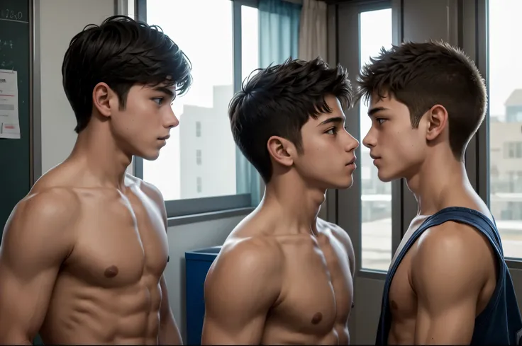 two boys looking at each other with desire, they are close, they are 15 year old men, they are shirtless at school.