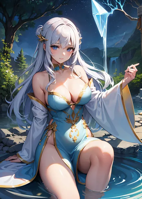 (best quality,4k,8k,highres,masterpiece:1.2),ultra-detailed,(realistic,photorealistic,photo-realistic:1.37),a middle-aged sorceress wearing a green robe,an educator of the arena,a mages staff,flames,thunder,ice magic,a mystical garden with colorful flowers...