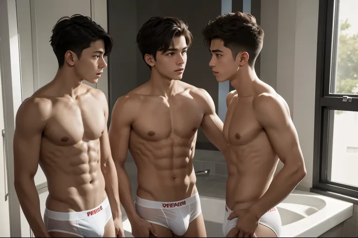 two boys looking at each other with desire, they are close, they are 15 year old men, they are shirtless in transparent white boxers in the bathroom at school