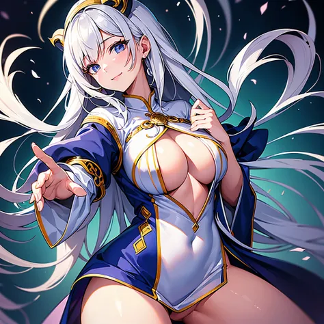 ((highest quality)),(ultra high resolution),(Super detailed),(detailed description),((best CG)),(best work of art),super precision art,great drawing art,(Art with precise details:1.5), (1 woman:1.6)priest:1.5,gentle smile:1.6,a simple robe:1.5, Beautiful a...