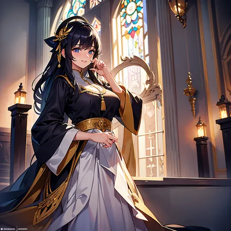 ((highest quality)),(ultra high resolution),(Super detailed),(detailed description),((best CG)),(best work of art),super precision art,great drawing art,(Art with precise details:1.5), (1 woman:1.6)priest:1.5,gentle smile:1.6,a simple robe:1.5, Beautiful a...