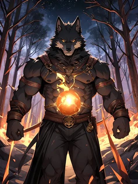 black wolf demon,Dark yellow eyes,red irises,Have muscles,Wearing a black robe with gold patterns,Raise your hands to belly level.,There was a ball of black light in his hand.,Behind is a forest.,dark,Scary,His eyes were fierce and mysterious.,staring at t...