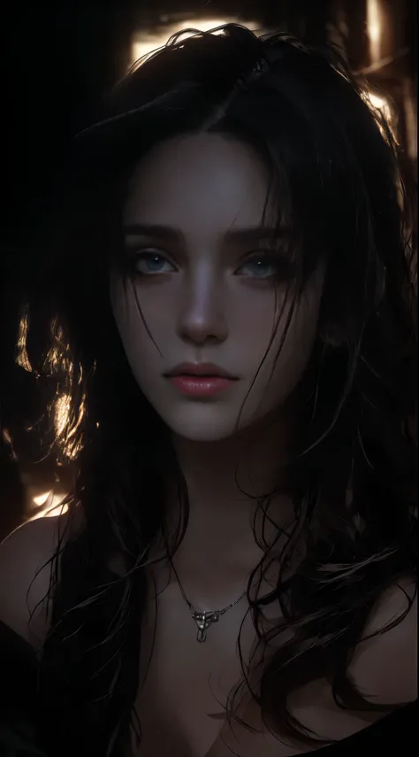 Best quality, masterpiece, ultra high resolution, (photorealistic: 1.4), raw photo, 1girl, big boobs, clothes with neckline, off shoulder, cinematic lighting, dark atmosphere, highly detailed skin texture, extreme details, dark fantasy, darktoon,((closeup ...