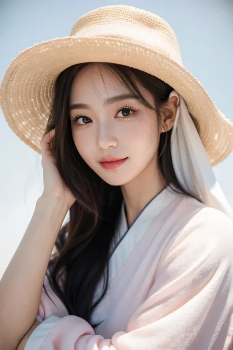 1 girl, award winning portrait, Smile， Idol face, exquisite girl，Sweet Chinese girl，pink lips（（White background）），looking at the audience，South Korea , long, soft hair , delicate face , Bright lips , gentle curves , Clothes can keep out the cold , White ba...