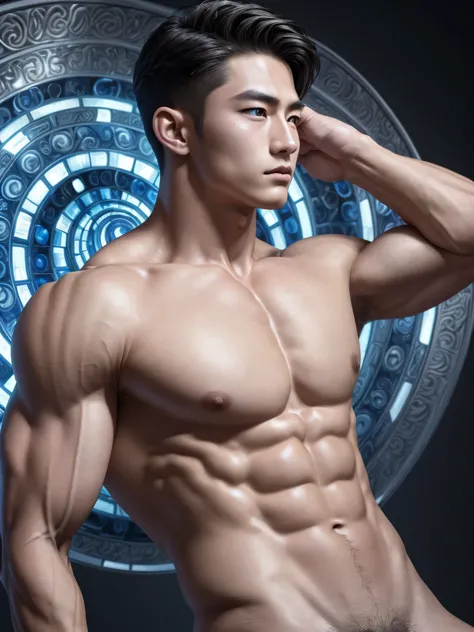 Mind control, hypnotic spiral, (masterpiece, ultra quality, high resolution, 8k, intricate: 1.2), (detailed face:1.2), handsome, Young Korean man, white skin, double eyelids, detailed skin, 1boy, ((realistic)), abs, good lighting quality, muscle veins, ((p...