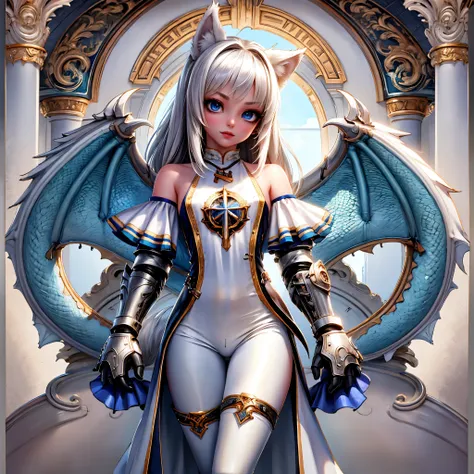 8k, resolution, high quality, high resolution, best quality, best resolution, absurd resolution, ray tracing, high detailed, masterpiece, extremely detailed,shoulder length white hair, female,white 2 wolf ears, teenage girl, slim body, white scale dragon t...