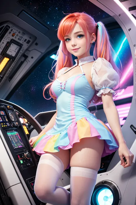 Cute redhead with rainbow colored hair tips, ribbons in her hair, 18-year-old woman, happy, smiling, in twin tails, perfect eyes, clear sparkling blue eyes, pale skin, silky smooth skin, flying a fancy metal luxurious space ship, futuristic cockpit, shes a...