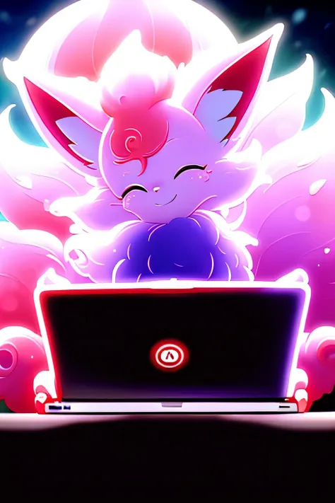 vulpix woking on a laptop editing videos looking happy