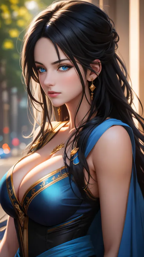 black hair, blue eyes, Hyperrealism, blurry foreground, projected inset, backlighting, 8k, super detail, cleavage, natural perfect breast,