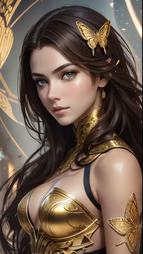 8k portrait of beautiful cyborg with brown hair, intricate, elegant, highly detailed, majestic, digital photography, art by artgerm and ruan jia and greg rutkowski surreal painting gold butterfly filigree, broken masterpiece, sidelighting, finely detailed ...