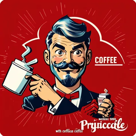 painting of a man holding a cup of coffee with a smile on his face, portrait of morning coffee, h3h3, drinking a coffee, on a red background, drinking coffee, drinking a cup of coffee, drink more coffee, cartoonish and simplistic retro vintage, moustache, ...