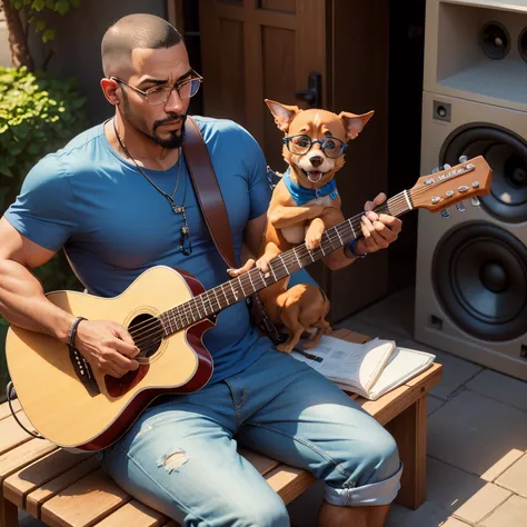 Criar imagem estilo disney pixar de um homem de 30 anos, pele morena, careca, with goatee and glasses, tocando baixo eletrico, sitting on a bench near the amplifier and a 3 month old pinscher looking