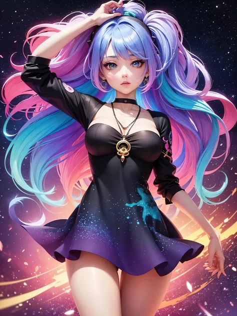 Close-up of a woman with colorful hair and necklace, anime girl with cosmic hair, The soft vibrancy of Ross Dres, Gviz-inspired artwork, fantasy art style, colorful], vibrant fantasy style, Ross Draws energetic cartoon, cosmic and colorful, Gwythe, colorfu...