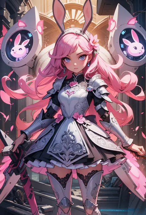 (detailed illustrations,Very detailed and precise drawing,Delicate drawn lines with tempo,Realistic texture expression),[color traced main line],(fantasy world battlefield [burning castle]),(GIRL ROBOT 12yo (pink rabbit [METALFACE[clear lenticular iris]]))...