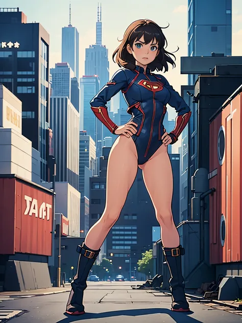 1girl, superhero, leotard, bare legs, boots, standing, solo focus, tight belt, hands on hip, full body shot, mature lady, city backdrop