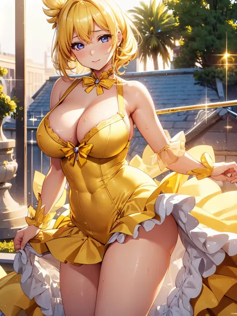 (high quality, high resolution, Finely detailed, Reality), rooftop, ((yellow magical girl clothes)), Sexy Poses, solo, (curvaceous woman), blonde hair, sparkling eyes, (detailed eyelashes))), large breasts, dripping sweat, oily skin, depth of field is shal...