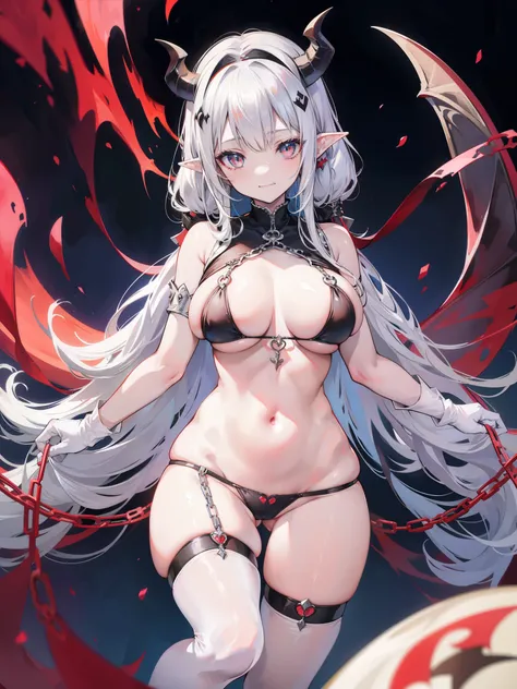 Striped hair，white colored hair, twist blade, Mismatched pupils, chiaroscuro, backlit lighting, gothic art, 16 km race, best quality, anatomically correct, high details，lewd nun，(huge boobs)，(white stockings)，red pupil，thong，(smile)，strap，restraint，leg loo...