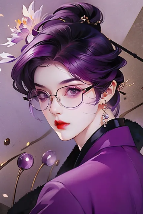 1 girl, , masterpiece, , goddess,short hair ,((purple hair)),Glasses