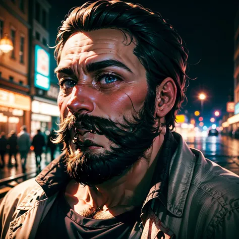 Foto de perfil (solo el rostro), Serio, Ojos derechos, Con barba y bigote, Fondo de una ciudad en noche, Bright colors and solid tone, Mejor calidad 4K, Detallado.