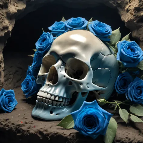 (best quality,8K,high resolution,muste piece:1.2,details:1.5),Super detailed:1.5,Eerily realistic transparent glass skull,Bouquet of blue roses,elaborate corpse,scary theme,inside the cave:1.5,horror setup