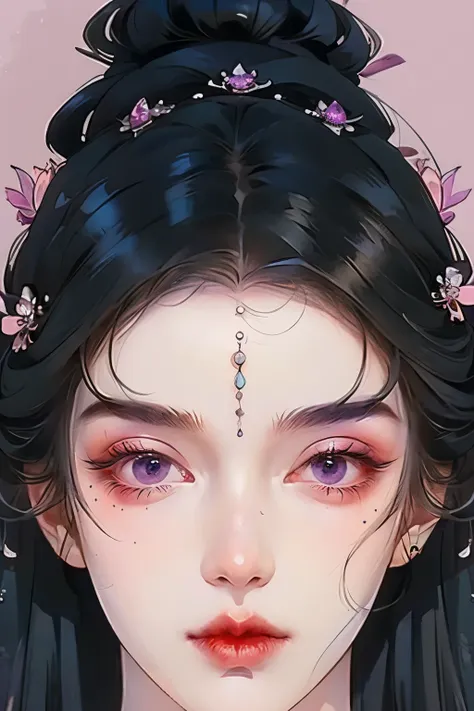 a woman with black wavy hair and purple eyes, black alien armor, freckle, blush, eye shadow, cute face