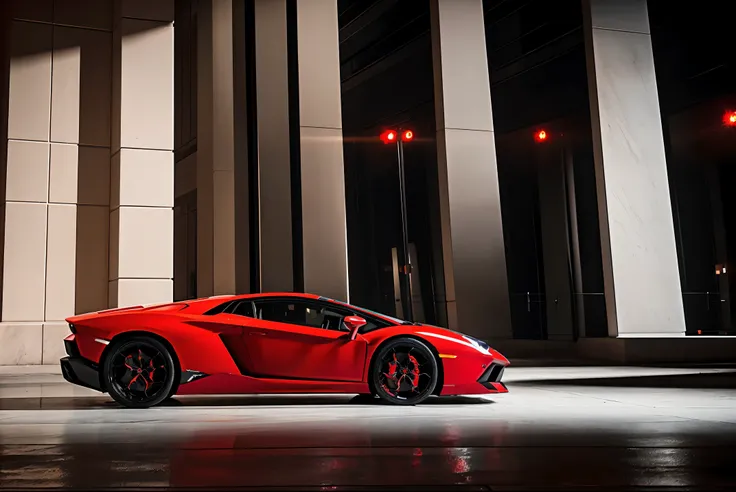 red lamborghini aventador　　precision and high quality　realistic three-dimensional feel　beautiful background　parked on the street...