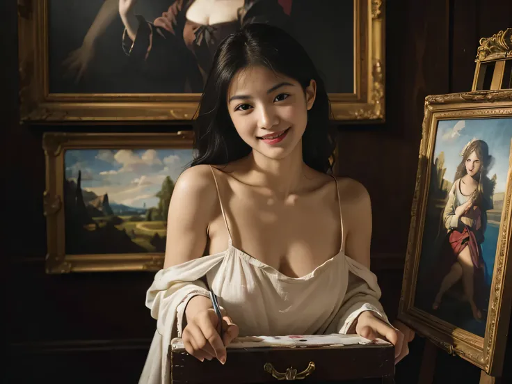 A woman paints an oil painting on a canvas in her atelier,Easel,antique,A smile,,Sweet and seductive appearance.、Caravaggios paintings、Chiaroscuro of Caravaggio,,Cute smile, Expression of ecstasy,erotick,A sexy,Seduce you,pen,oil painting palette