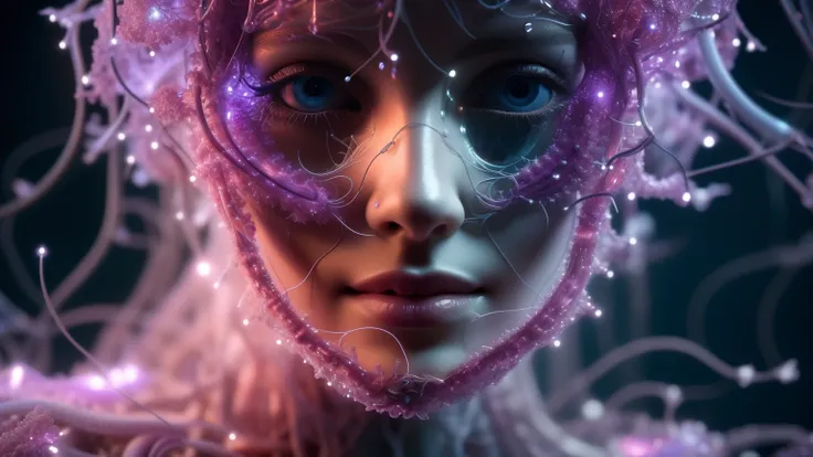 mj, Close-up cinematic shot of an ethereal neural network organism, mulher divina, anatomical face, biomechanical details